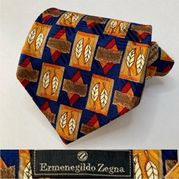 Ermenegildo Zegna Other - ERMENEGILDO ZEGNA Blue & Orange Autumn Flora Geometric Classic All Silk Tie